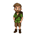 character description: young survivor/adventurer, light beard, short brown hair, simple cute face, green shirt, brown shorts or pants, boots or sandals, small backpack, friendly appearance, island explorer vibe.