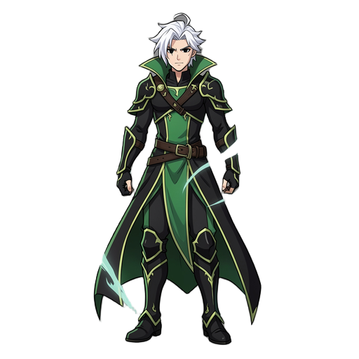 a male warrior alucard alike from castlevania symphony of the night in black and green clothes with wind powers. he has white hair and black eyes