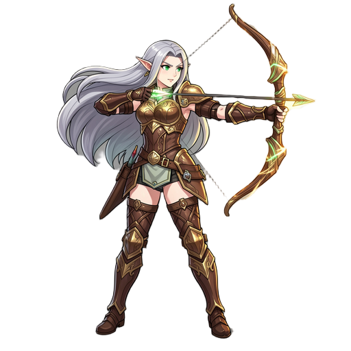 full body anime illustration of a female elf archer, masterpiece, high quality, highly detailed. she is dynamic action posing, drawing a glowing magical bow with an energy arrow notched. she has long flowing silver hair, sharp emerald green eyes, and is w