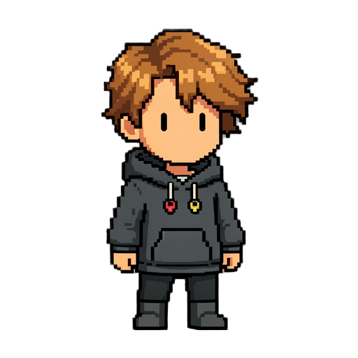 use the uploaded image as the master reference. recreate this exact character with identical hairstyle, face, proportions, clothing, backpack, keychains, colors, and pixel art style. match the reference as closely as possible. do not reinterpret or redesi