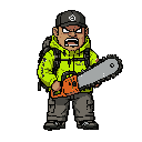 make the character's view and samoaing, and make the character hold a chainsaw with an angry expression with an open mouth