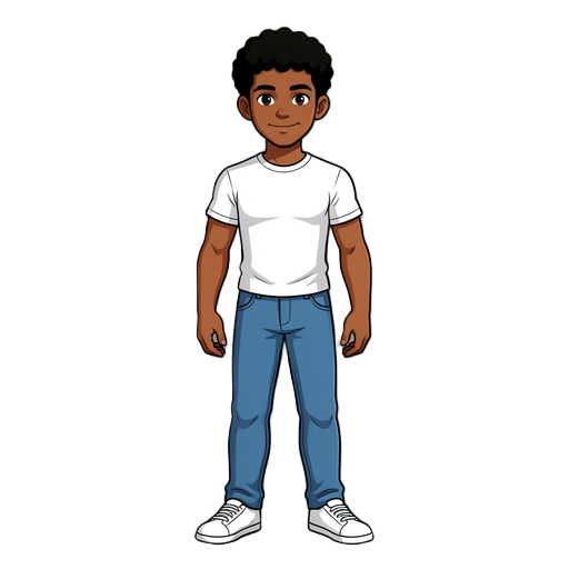character:  brazilian teenage boy.  tall.  brown skin.  short black curly hair.  white school t-shirt.  blue jeans.  white sneakers.  confident expression.  athletic body.  school student.  no accessories.  special move is not included in the sprite sheet