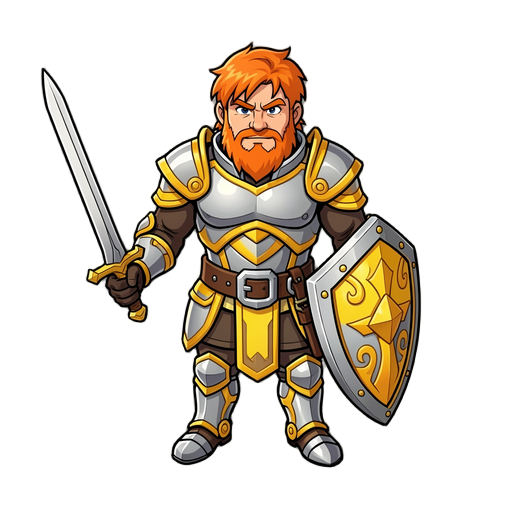 preciso que crie um cavaleiro com uma espada na mão e um escudo, ele estará com cabelo laranja e uma armadura com detalhes amarelos e ela será prata 