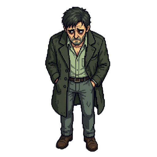 top-down 3/4 pixel art character sprite sheet, 32x32 px per frame, a weary 41-year-old man, building manager, rumpled dark coat, tired posture, dark eye circles, unshaven. muted desaturated palette (sick greens, nicotine yellows, cold neutrals), selective