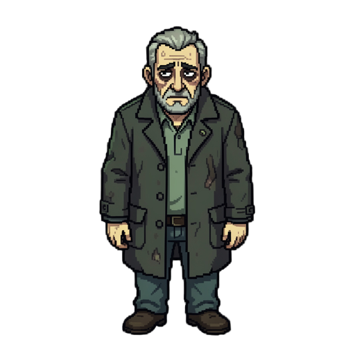 top-down 3/4 pixel art character sprite sheet, 32x32 px per frame, a weary 41-year-old man, building manager, rumpled dark coat, tired posture, dark eye circles, unshaven. muted desaturated palette (sick greens, nicotine yellows, cold neutrals), selective