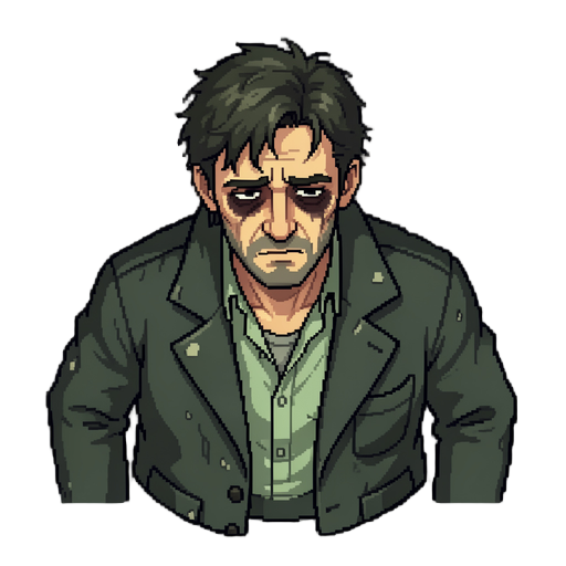 top-down 3/4 pixel art character sprite sheet, 32x32 px per frame, a weary 41-year-old man, building manager, rumpled dark coat, tired posture, dark eye circles, unshaven. muted desaturated palette (sick greens, nicotine yellows, cold neutrals), selective