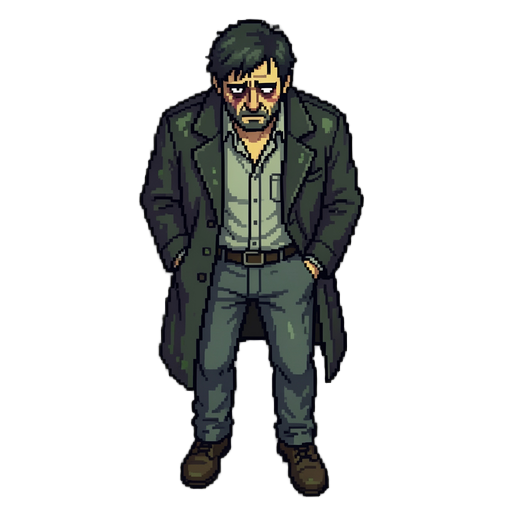 top-down 3/4 pixel art character sprite sheet, 32x32 px per frame, a weary 41-year-old man, building manager, rumpled dark coat, tired posture, dark eye circles, unshaven. muted desaturated palette (sick greens, nicotine yellows, cold neutrals), selective