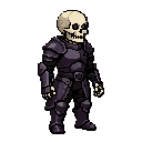 gere esprite desse personagem de lado para um jogo 2d personagem e detalhes conceito: um guerreiro esqueleto morto-vivo, vestido com uma armadura imponente e detalhada de cavaleiro escuro. cabeça: uma caveira realista com órbitas oculares vazias, brilh