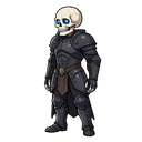 gere esprite desse personagem de lado para um jogo 2d personagem e detalhes conceito: um guerreiro esqueleto morto-vivo, vestido com uma armadura imponente e detalhada de cavaleiro escuro. cabeça: uma caveira realista com órbitas oculares vazias, brilh