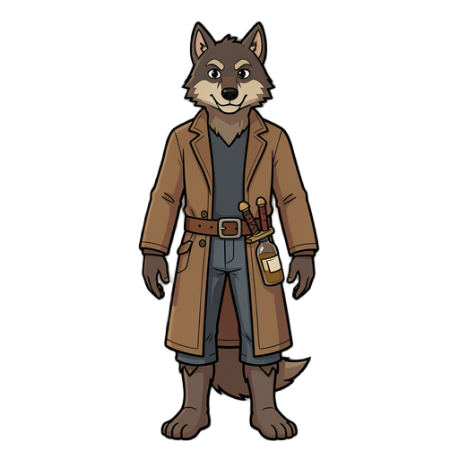 un lobo humanoide con chaleco largo y un cinturon con botella en la cintura, con una cimitarra coo arma