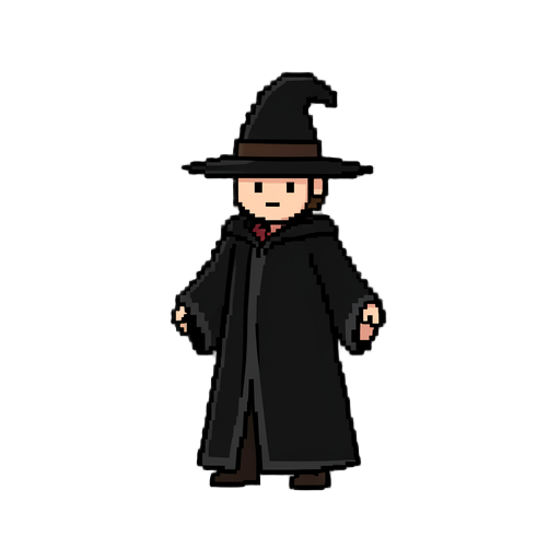 create a minimalist 2d pixel art sprite sheet of a dark fantasy wizard for a top-down rpg. retro 16-bit style inspired by rpg maker, pokémon gba, and realm of the mad god. use large readable shapes, minimal shading (1-2 tones), clean 1-pixel outlines, and