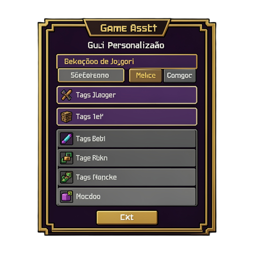 {"prompt":"crie uma gui personalizada para minecraft no estilo de um menu de inventário moderno inspirado em interfaces de plugins de customização, para seleção de tags de jogador. a interface deve ter fundo escuro com detalhes em roxo, dourado e cinza, m