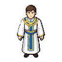 front-facing human cleric, top-down game sprite, perfectly symmetrical, facing directly forward, young male, short brown hair, blue eyes, white and gold robes, blue accents, empty hands, no weapon, no wand, no book, modern hd fantasy art, neutral backgrou