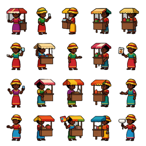 pixel art 2d sprite sheet de uma zungueira angolana (vendedora ambulante) em estilo retrô de videogame 16-bit. resolução: 640x960 pixels. fundo transparente com checkerboard. organização: 3 linhas horizontais × 6 colunas = 18 sprites de 64x64px cada, com