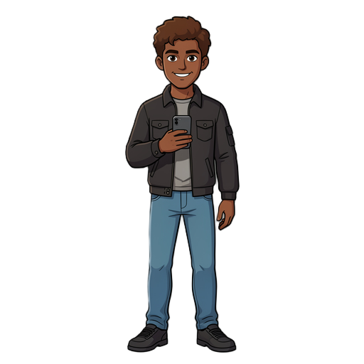 personagem masculino de cabelo castanho cacheado curto e olhos castanho escuros, sua pele é morena parda e ele usa um calça jeans e uma jaqueta escura, ele está segurando um celular, usando tênis escuros, sua expressão é confiante com um sorriso