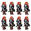 the dwarf has long, braided bright red hair and beard. he wears segmented polished steel plate armor and holds a one-handed warhammer with a glowing emerald green pommel. he has a leather belt with pouches and a scabbard, and sturdy boots. the 8 sprites a