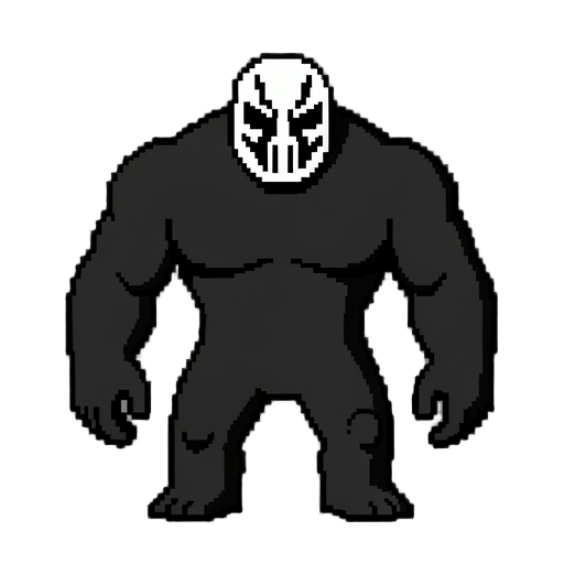 crie um personagem humanoide sombrio em pixel art, com visual minimalista em preto e branco. o corpo deve ser grande e robusto, com ombros largos e postura curvada. a cabeça deve ter uma máscara branca com marcas pretas abstratas e expressão ameaçadora. o