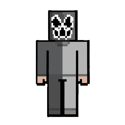 crie um personagem humanoide sombrio em estilo pixel art. o personagem deve ter corpo metade cinza-escuro e metade cinza claro, aparência simples e misteriosa, com uma máscara facial crepper do minecraft por linhas brancas e pretas, semelhante a símbolo