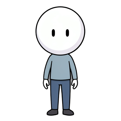 a minimalist stylized 2d game character with a distinctive oversized smooth spherical white head, approximately 45% of the character's total body height. the head is perfectly bald and featureless except for two tiny vertical black oval eyes positioned cl
