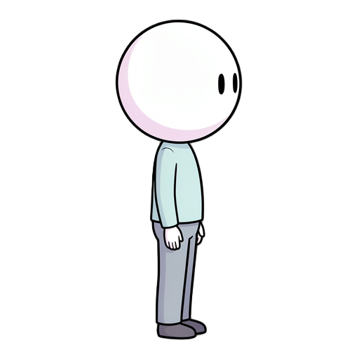 a minimalist stylized 2d game character with a distinctive oversized smooth spherical white head, approximately 45% of the character's total body height. the head is perfectly bald and featureless except for two tiny vertical black oval eyes positioned cl