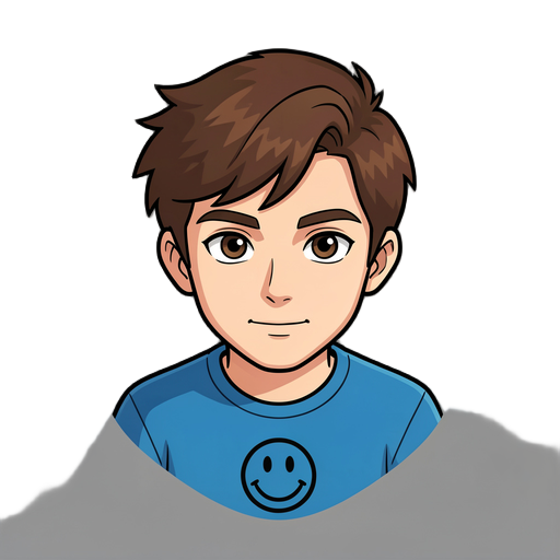 create a vector-style head portrait of an original character. only show the character's head, no body. the character has medium brown hair with a slightly messy but cool hairstyle, a young face, and expressive eyes. he wears a blue shirt with a black smi