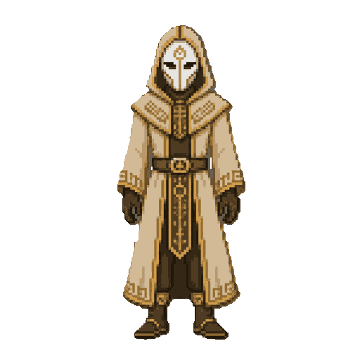 an anicient magician with beige robe, brown gloves and a white mask