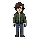 main player character for the 2d pixel art horror game "echoes of the void": alex, a 26-year-old young photographer, relatable and expressive appearance. male base version: caucasian man with medium-length messy dark brown hair, a strand falling over his