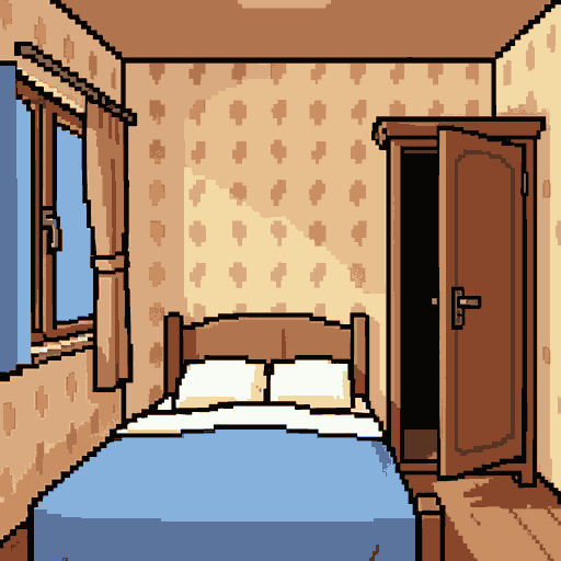the game's setting is a square-shaped room, viewed from the perspective of someone lying in a bed positioned against the bottom-center wall. to the left, there is a window with a visible latch and a partially open curtain; to the right, a wardrobe with it