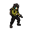 true pixel art, semi top-down, industrial cyberpunk explorer, messy dark hair, olive hooded jacket, black cargo pants, heavy boots, tech backpack, cyan cyber eye, clean silhouette, limited palette.