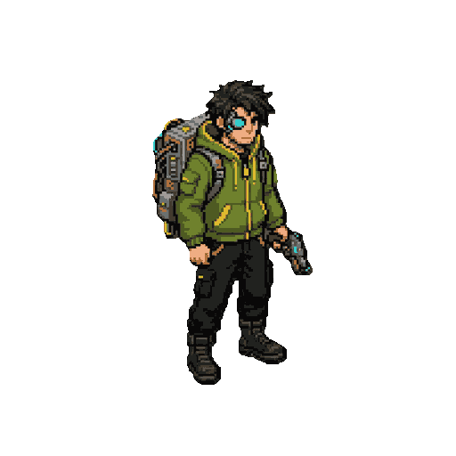 true pixel art, semi top-down, industrial cyberpunk explorer, messy dark hair, olive hooded jacket, black cargo pants, heavy boots, tech backpack, cyan cyber eye, clean silhouette, limited palette.