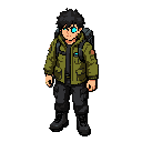 true pixel art, semi top-down, industrial cyberpunk explorer, messy dark hair, olive hooded jacket, black cargo pants, heavy boots, tech backpack, cyan cyber eye, clean silhouette, limited palette.