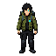 true pixel art, semi top-down, industrial cyberpunk explorer, messy dark hair, olive hooded jacket, black cargo pants, heavy boots, tech backpack, cyan cyber eye, clean silhouette, limited palette.