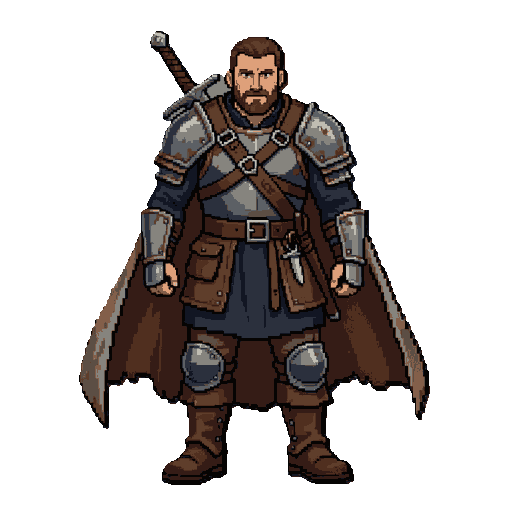 a seasoned warrior, standing in a confident battle-ready pose. he wears layered medieval armor with worn steel pauldrons, leather straps, a dark blue tunic beneath, heavy boots, and a long weathered cape flowing behind him. a longsword rests on his back,
