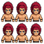 a high-fidelity pixel-art character sheet of a powerful male warrior, depicted in multiple front-facing poses on a neutral background. he has a muscular build and a massive, wild mane of crimson-red hair held in a high ponytail. his intense blue eyes are