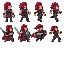 a high-fidelity pixel-art character sheet of a powerful male warrior, depicted in multiple front-facing poses on a neutral background. he has a muscular build and a massive, wild mane of crimson-red hair held in a high ponytail. his intense blue eyes are