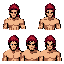a high-fidelity pixel-art character sheet of a powerful male warrior, depicted in multiple front-facing poses on a neutral background. he has a muscular build and a massive, wild mane of crimson-red hair held in a high ponytail. his intense blue eyes are