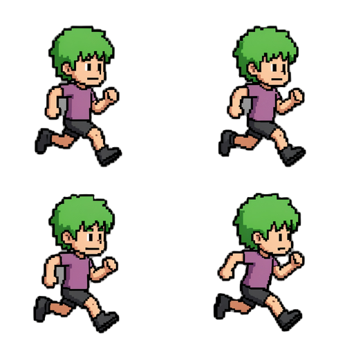create a game-ready pixel art sprite sheet using the attached character as the exact reference. the sprite sheet should contain a 6-frame running animation viewed from a 45-degree diagonal angle (running down-right). preserve the character exactly as sh