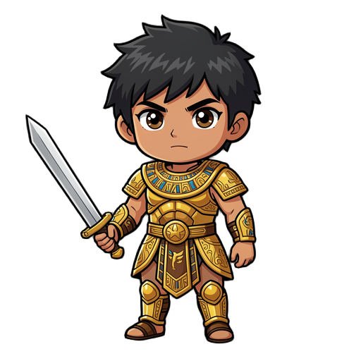 a heroic young fantasy swordsman inspired by ancient egyptian aesthetics, illustrated in a polished jrpg/chibi style. he has short, messy black hair, warm tan skin, and large expressive brown eyes with a determined yet calm expression.  he wears ornate go