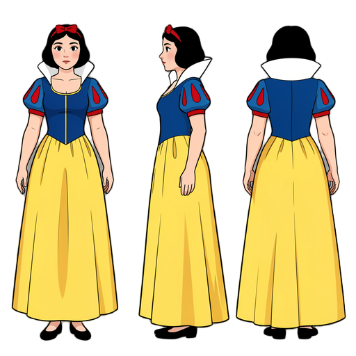 reference character sheet, original fairy tale snow white, not disney.  create a professional game character turnaround sheet. show the same character in four separate full-body views: front view, 3/4 view, side view, back view. orthographic reference she