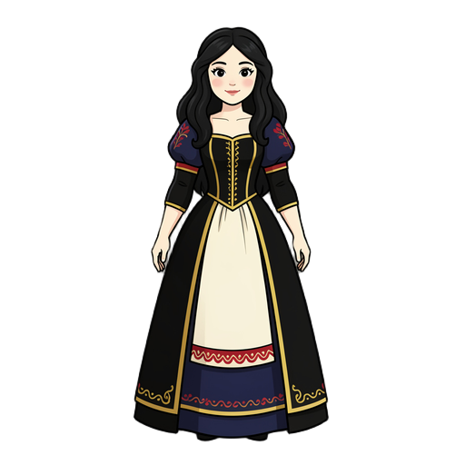 original snow white inspired by the brothers grimm fairy tale, original non-disney character design, adorable 4-head-tall proportions, elegant medieval fantasy princess, long wavy black hair, ivory skin, black and deep navy dress with gold trim, puff slee