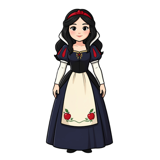 original snow white from the brothers grimm fairy tale, original character design, cute 4-head-tall proportions, full body, long wavy black hair, fair skin, gentle expression, large expressive eyes, medieval european princess dress, ivory apron with a red