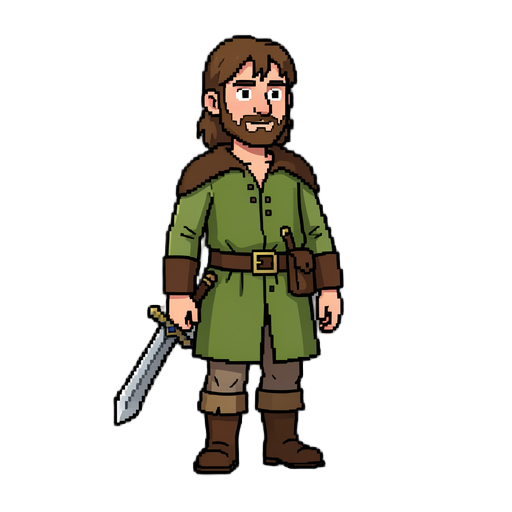 the character of my game. Hobbit inspired, pixeled (ref: blasphemous). Short sword as a weapon