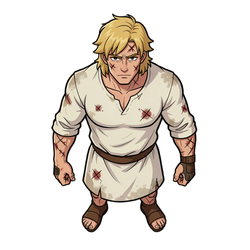 homem jovem, forte e musculoso, com cicatrizes no corpo e mãos calejadas pelo trabalho e batalhas passadas. cabelo loiro, rebelde, de comprimento médio. olhos expressivos, com olhar melancólico e sério, mas determinado e maduro. usa uma túnica simples de 