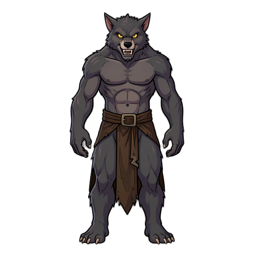 create a full-body front-facing character concept sheet of a ferocious humanoid werewolf for a beat 'em up game.  the werewolf stands in a perfectly symmetrical neutral pose, facing directly toward the camera.  style: highly detailed dark fantasy concept 
