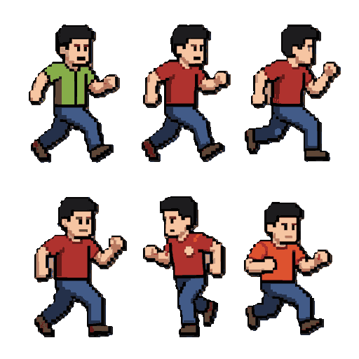 i want you to create an animation of the character walking, running, punching, and kicking.