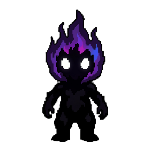 dark fantasy pixel art protagonist for a 2d metroidvania game.  small shadow creature made of living darkness, with a body formed from black smoke and void energy. bright glowing white eyes with no visible pupils. flame-shaped head made of dark ethereal f