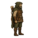 style pixel-art 64x64. just the character, with a transparent background.a gritty realistic medieval outlaw archer inspired by robin hood, a weathered rugged bearded man in his forties, worn brown leather brigandine armor over a linen tunic, a hood and sh