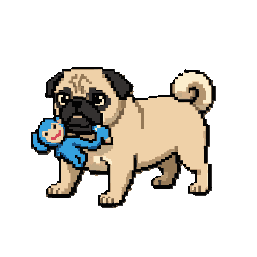 a pug in his fours, holding a blue toy monkey in his mouth, that he uses as a whip to attack