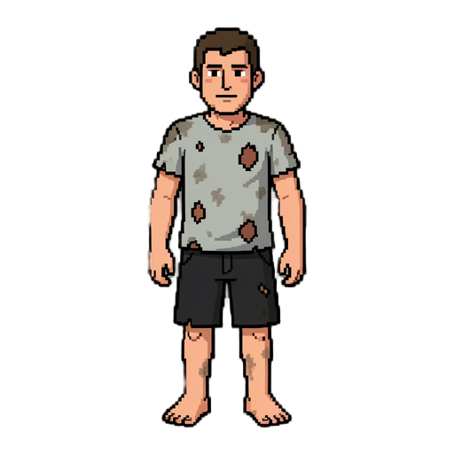 create a full-body pixel art survivor character for a top-down 2d survival game. the character is standing in a neutral idle pose, facing forward. he wears a torn, dirty light-gray t-shirt with visible rips and signs of wear, plain black shorts, and is co