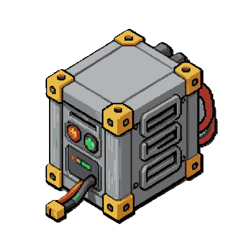 object: industrial energy battery module  large rechargeable power cell. brushed steel casing. gold reinforced corners. visible cooling vents. power indicators. energy cables. high-tech industrial appearance.